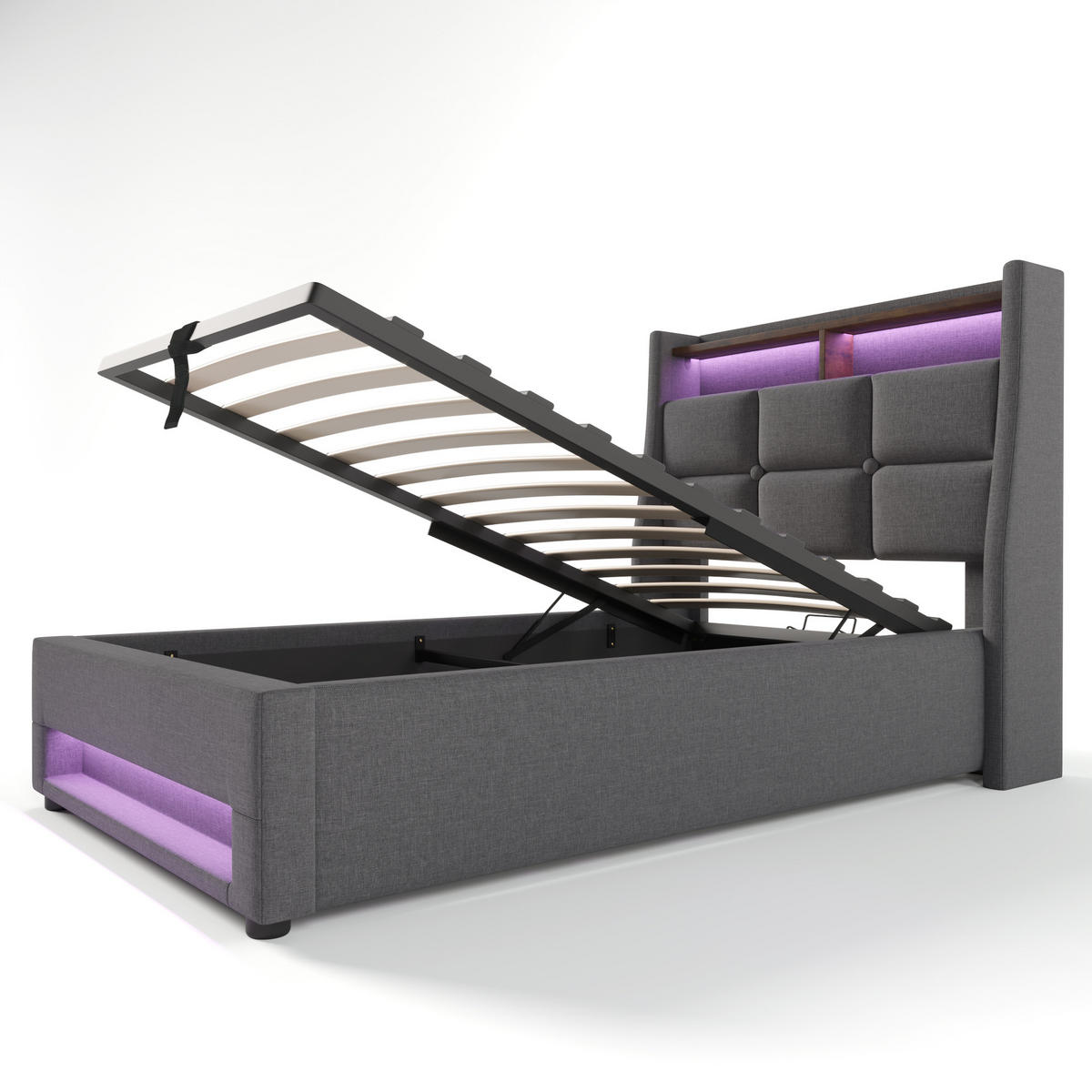 POLSTERBETT aus Leinen 90x200 cm in Grau mit LED & Matratze - Grau, Textil (90/200cm) - Modfu