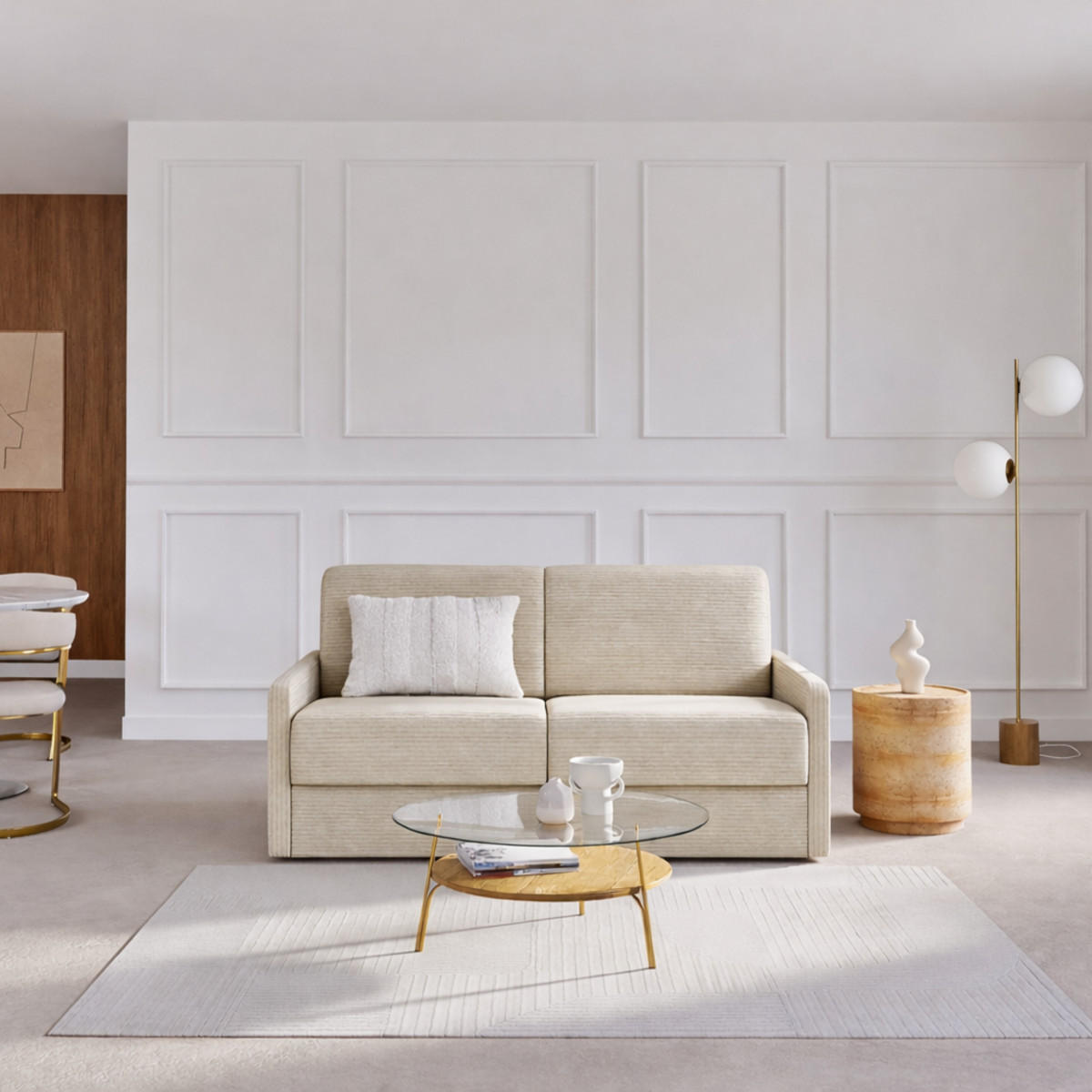 SCHLAFSOFA mit 3 Plätzen aus geripptem Samt, 175 cm lang - Ecru, Textil (100/87/175cm) - Calicosy