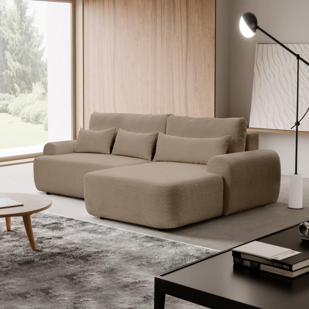 ECKSCHLAFSOFA Oliver im Bouclé-Gewebe, Hellbraun, rechts - Hellbraun/Schwarz, Textil (266/160cm) - Beautysofa