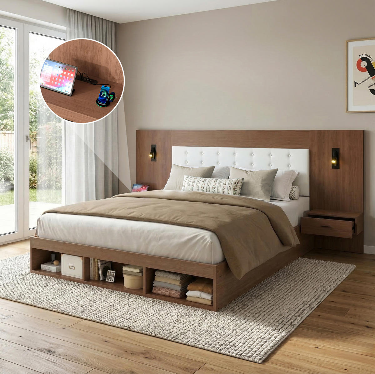 POLSTERBETT 180/200 cm mit 2 Nachttischen, USB/Type-C und Leselampen - Nussbaumfarben, Holzwerkstoff (180/200cm) - BEAOK