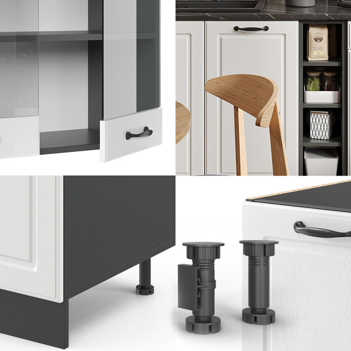 SINGLEKÜCHE R-Line Weiß Landhaus/Anthrazit 160 cm, AP Marmor - Anthrazit/Creme, Holzwerkstoff (160/81.6/60cm) - Vicco