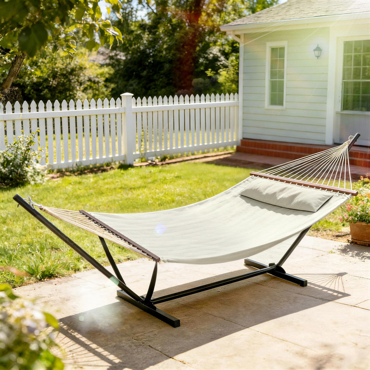 HÄNGEMATTE DE-13706 mit Kopfkissen und Spreizstäben Creme - Creme, Metall (140/110/368cm) - ComfortXL