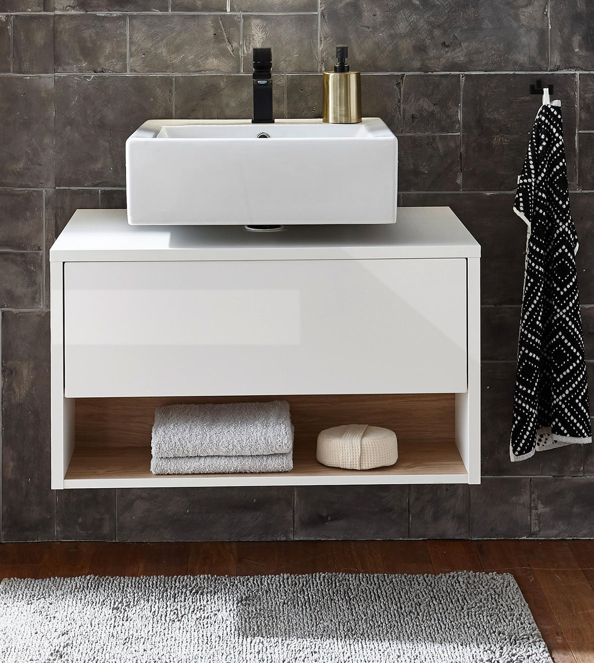 WASCHBECKENUNTERSCHRANK weiß Hochglanz, Eiche 80 cm, Bad Unterschrank mit Push-to-Open - Weiß Hochglanz, Holzwerkstoff (80/46/46cm) - Furn.Design