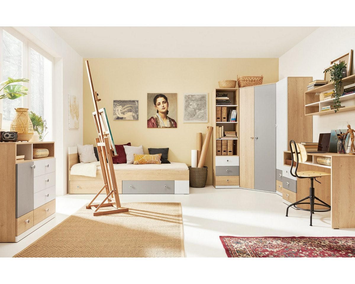 KINDERKOMMODE POKO 9 85/90/40 cm in Biskuiteiche / Weiß Lux / Grau - Eichefarben/Weiß, Holzwerkstoff (85/90/40cm) - Deine Möbel 24