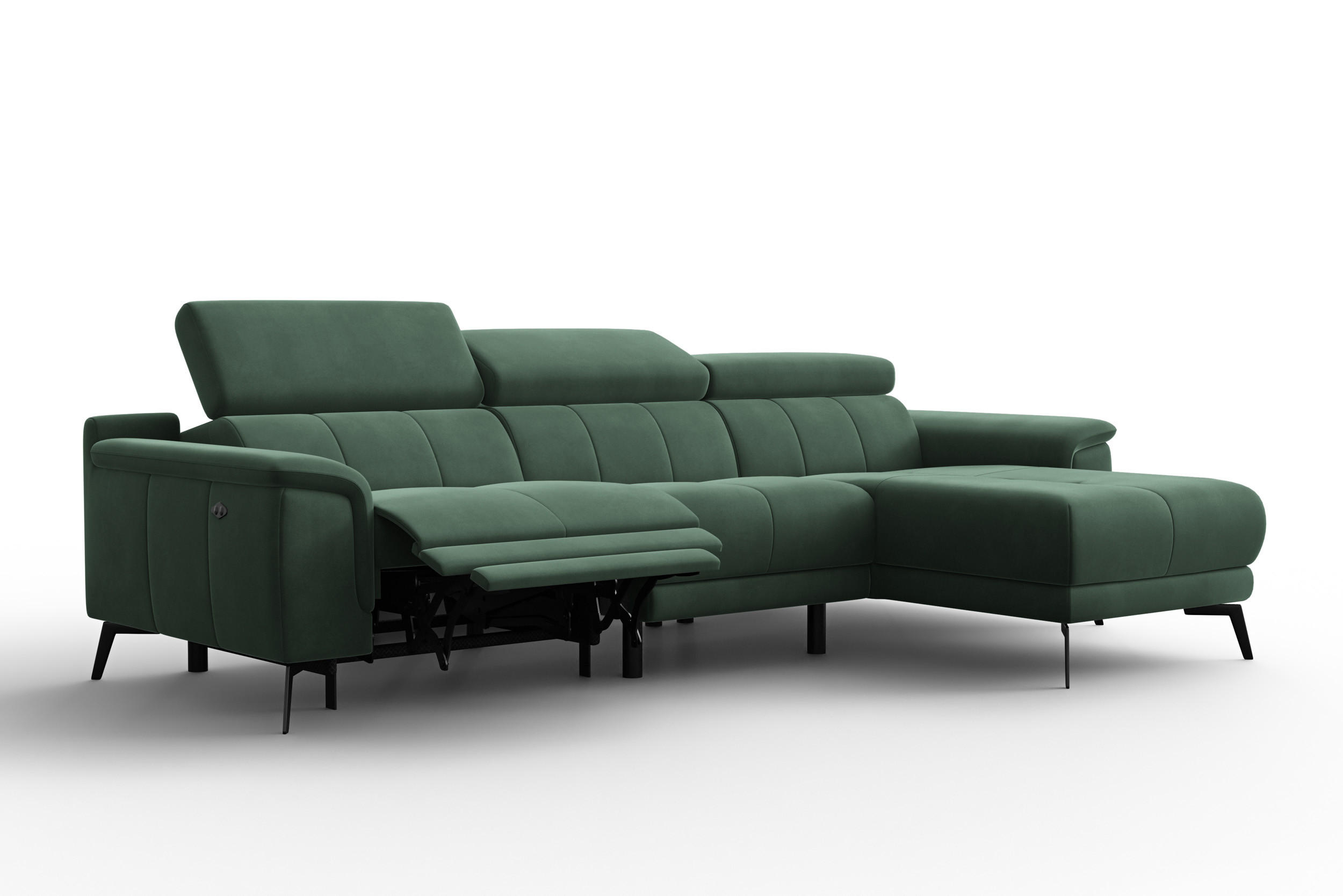 ECKSOFA FIERO 4-Sitzer RECHTS, Grüner Veloursstoff - Schwarz/Grün, Holz/Textil (288/170cm) - Courtois Laville