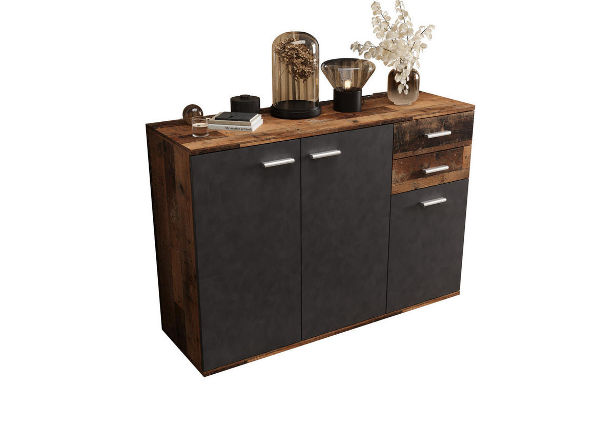 KOMMODE London LMK 3D2S mit 3 Türen, Sideboard in Farbe: Dunkelbraun|Schwarz, Größe: 106 x 75 x 35 cm - Dunkelbraun/Schwarz, Holzwerkstoff (106/75/35cm) - O-Sofa
