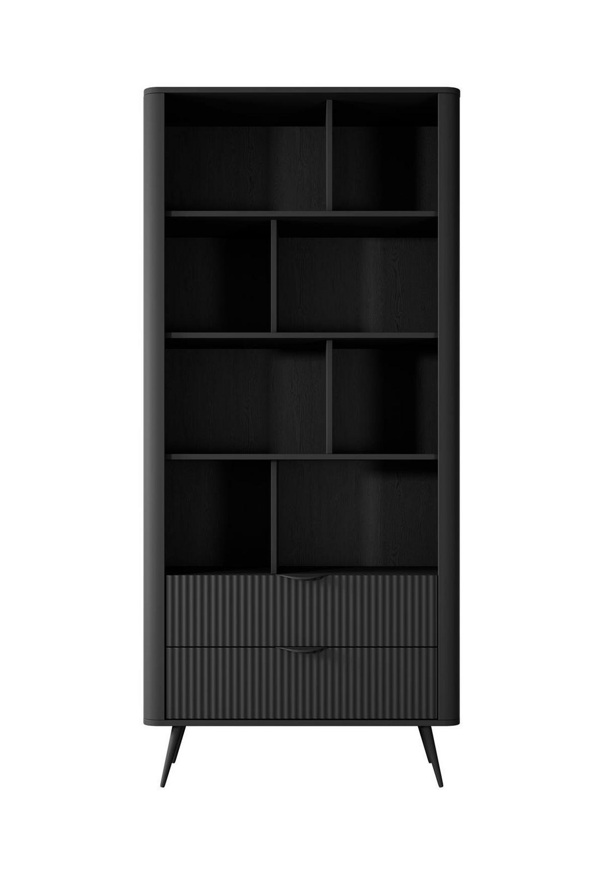 BÜCHERREGAL Lante, Schwarz, Zweischübig, Geriffelte Fronten, Standregal - Schwarz, Holzwerkstoff (88/194/38cm) - Bettso