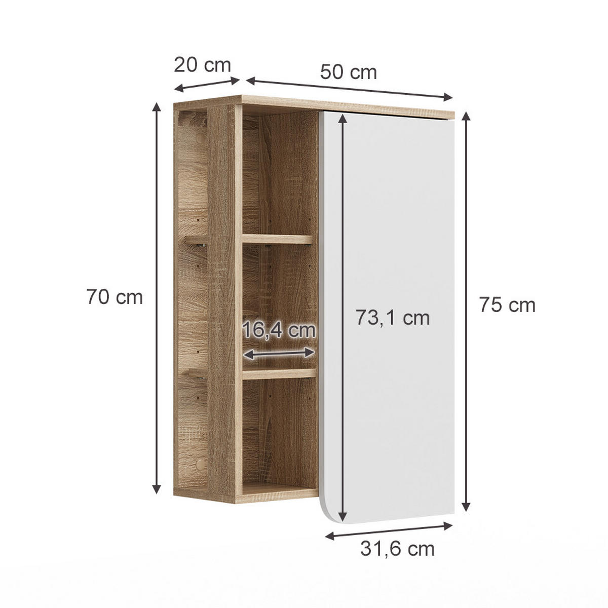 BADSCHRANK Karen Sonoma/Weiß 50 x 75 cm mit Tür und offenen Fächern - Weiß/Sonoma Eiche, Holzwerkstoff (50/75/20cm) - Vicco