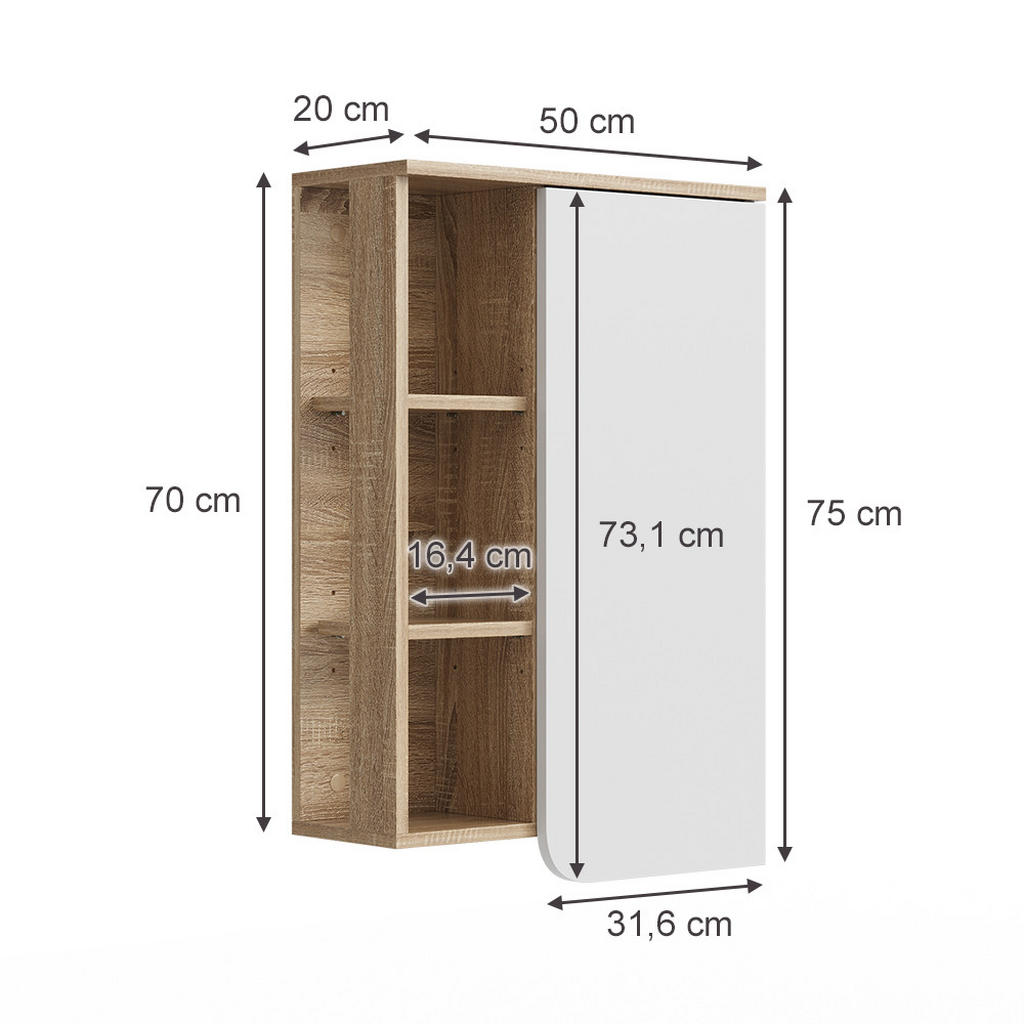 Thumbnail - Vicco Badschrank, Sonoma Eiche, Weiß, Holzwerkstoff, 6 Fächer, Rechteckig, 50x75x20 cm, Badezimmer, Badezimmerschränke, ...