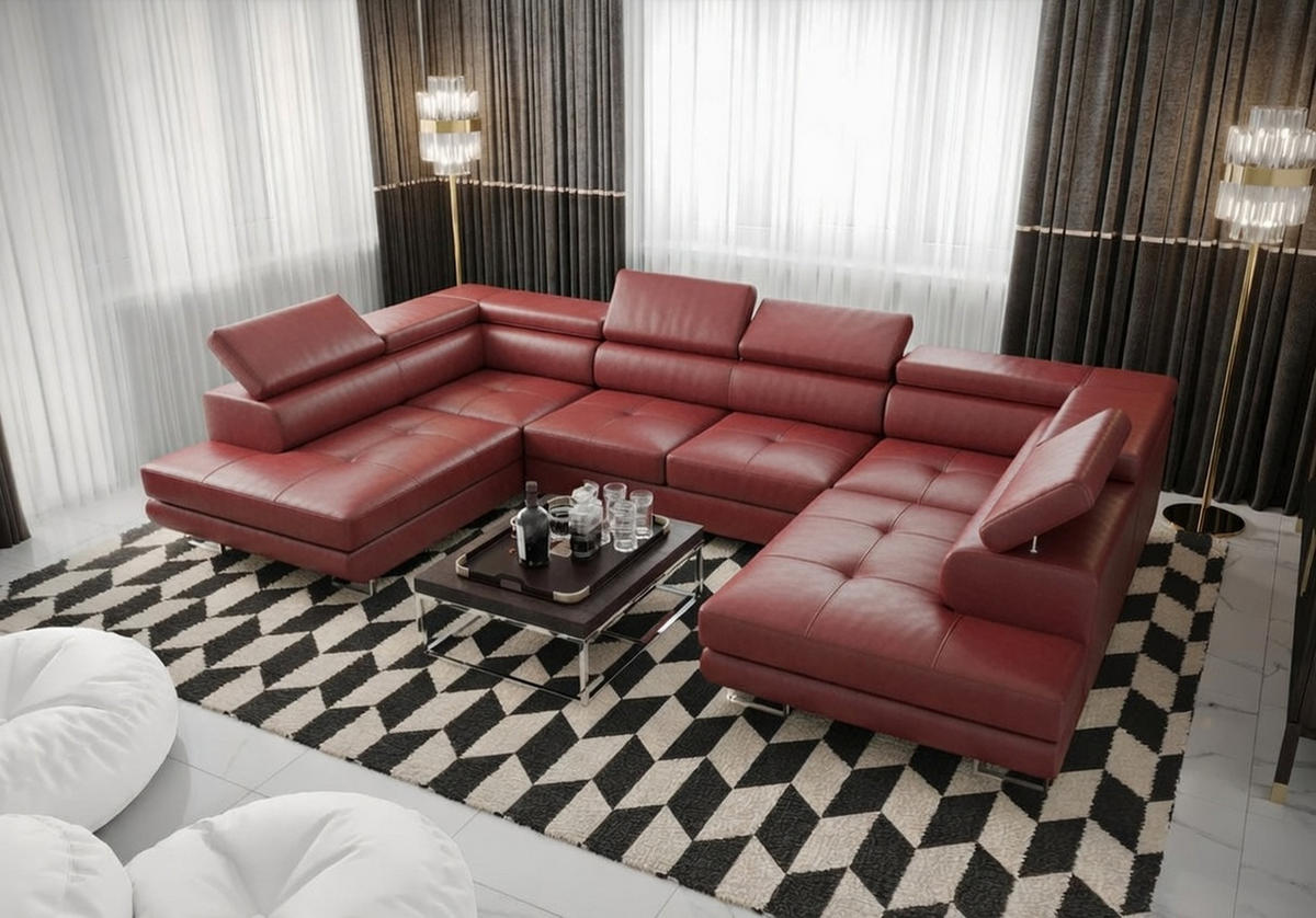 WOHNLANDSCHAFT PRAGA DESIGN U, Eckcouch in U-Form mit Schlaffunktion, Farbe: Rot, Kunstleder, Ottomane Universal - Rot, Textil (342/89/202cm) - O-Sofa