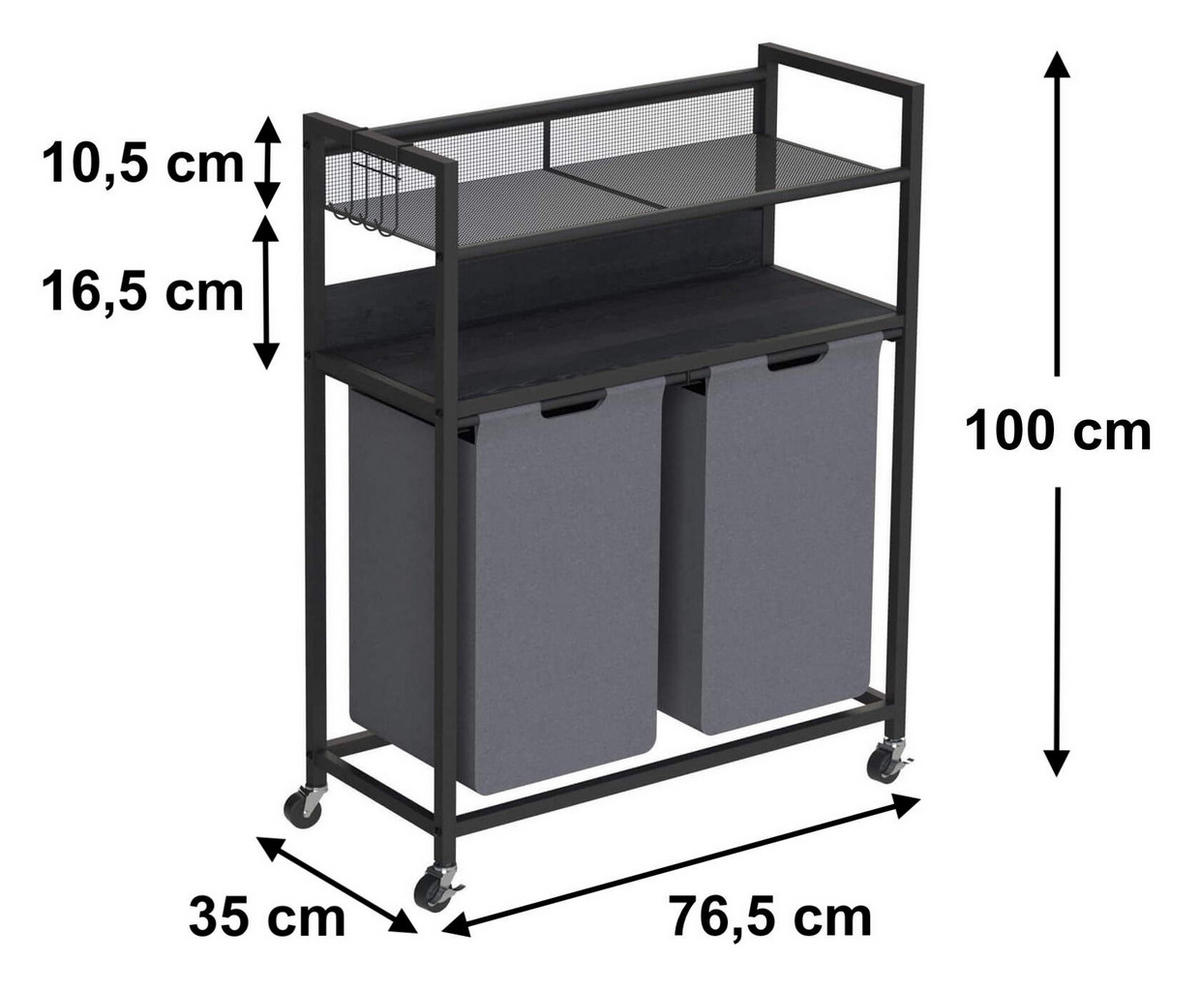 WÄSCHEKORB 2 Fächer mit Ablagen Schwarz Metall mit Rollen - Schwarz, Metall (75/98/33cm) - DanDiBo