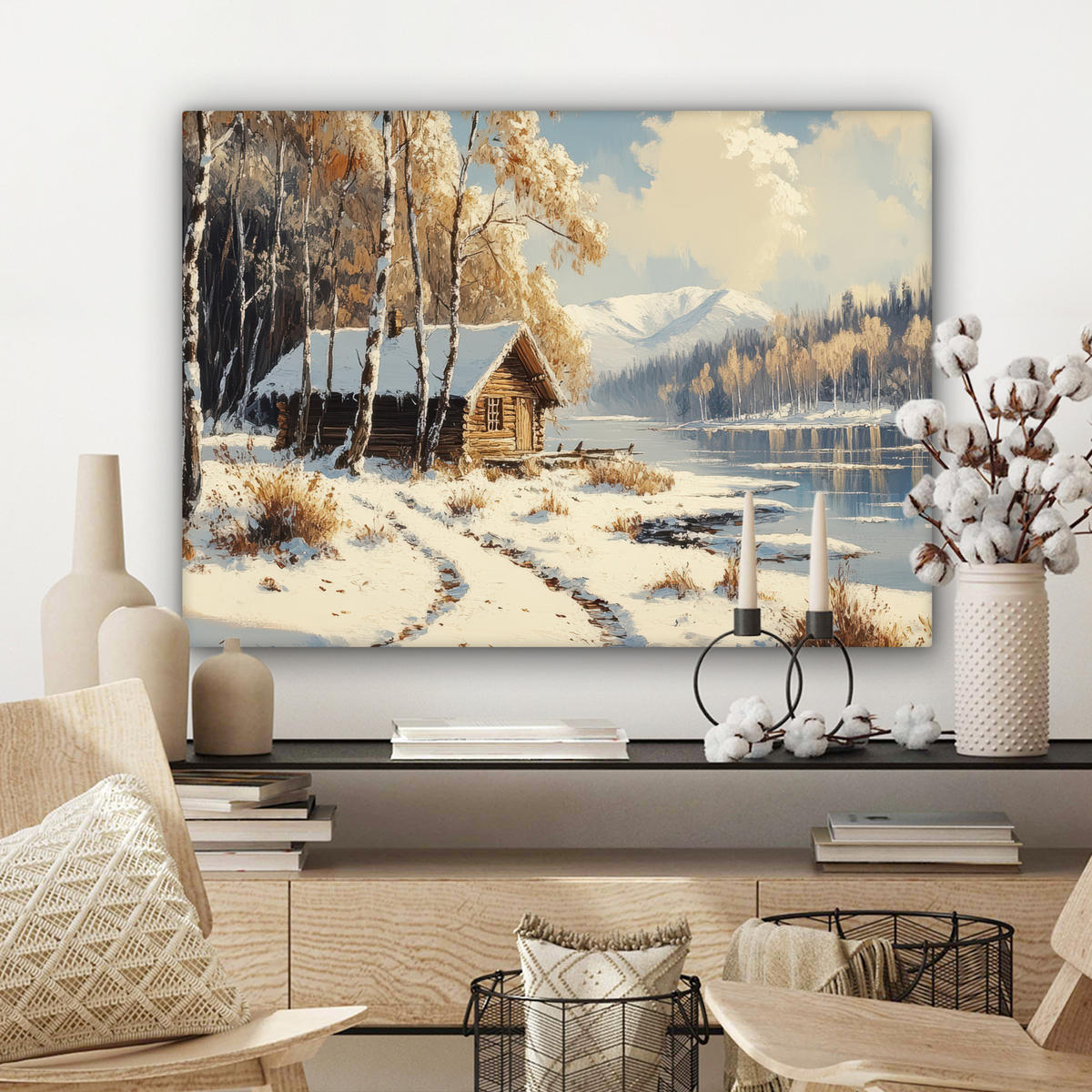 LEINWANDBILD Winter - Schnee - Zuhause - Natur Wandbilder 80x60 cm - Hellbraun, Textil (80/60cm) - MuchoWow