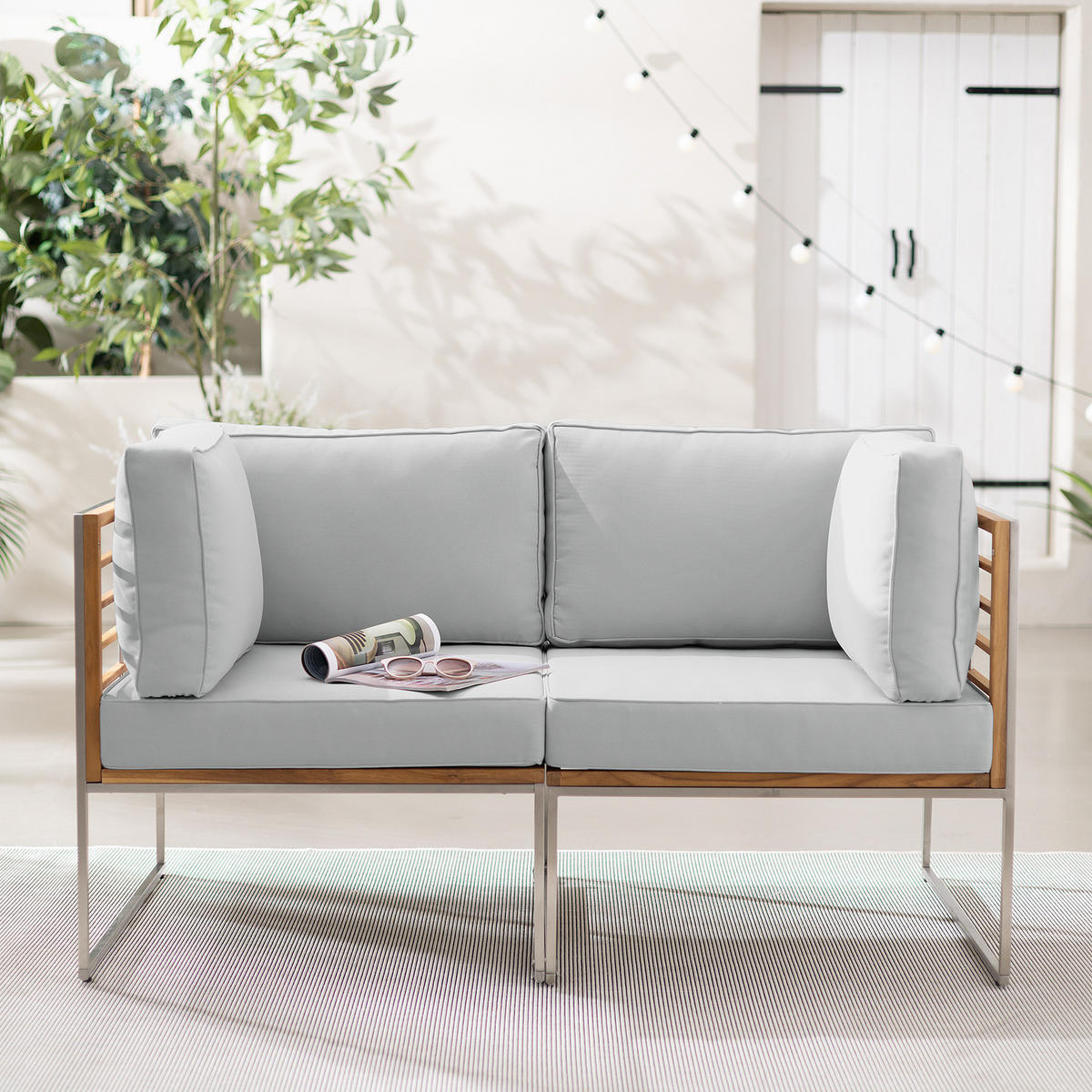 LOUNGESOFA - 2-teilig - Webstoff / Teak massiv - Hellgrau, Holz/Textil (140/74/70cm) - home24