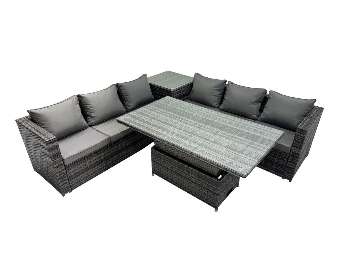 LOUNGESOFA SET mit Stuhl Polyrattan 6-Sitzer - Dunkelgrau/Grau, Glas/Kunststoff - Fimous