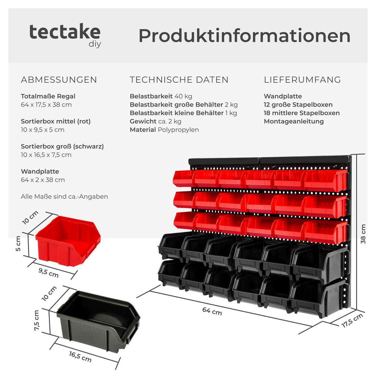 WANDREGAL Stapelboxen, stabile Wandplatte, 64 x 38 x 17,5 cm,schwarz - Schwarz, Textil (17.5/38/64cm) - tectake