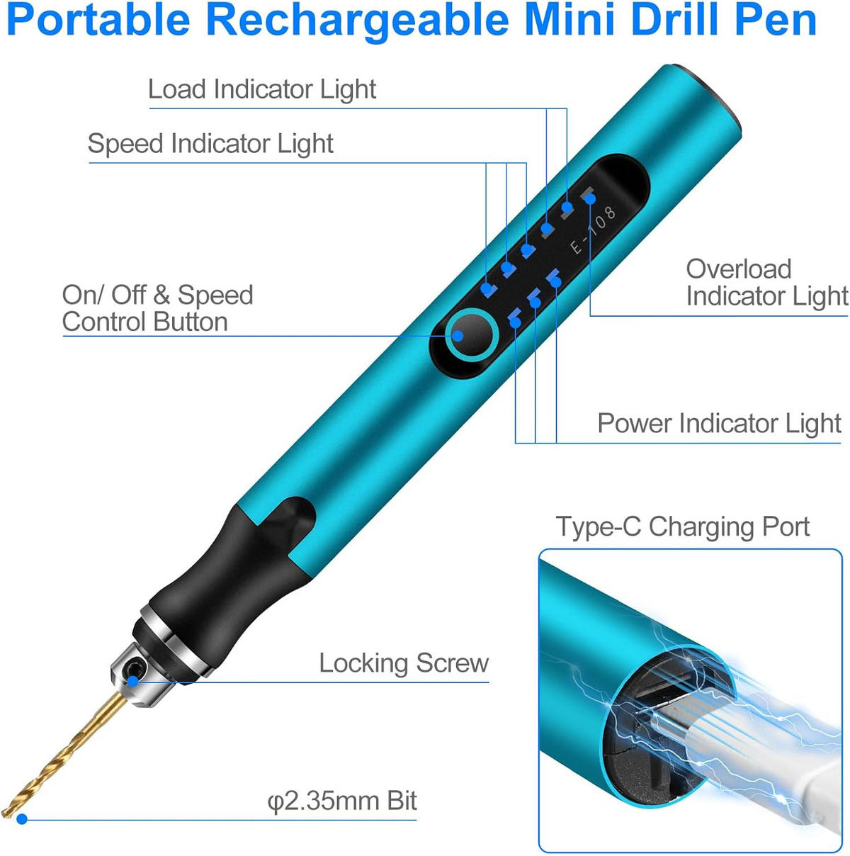 GRAVIERSTIFT – 3 Geschwindigkeiten – mit 10 kleinen Bohrern zum Gravieren von Harz, Schmuck und Leiterplatten - Blau, Metall (21/11/5cm)