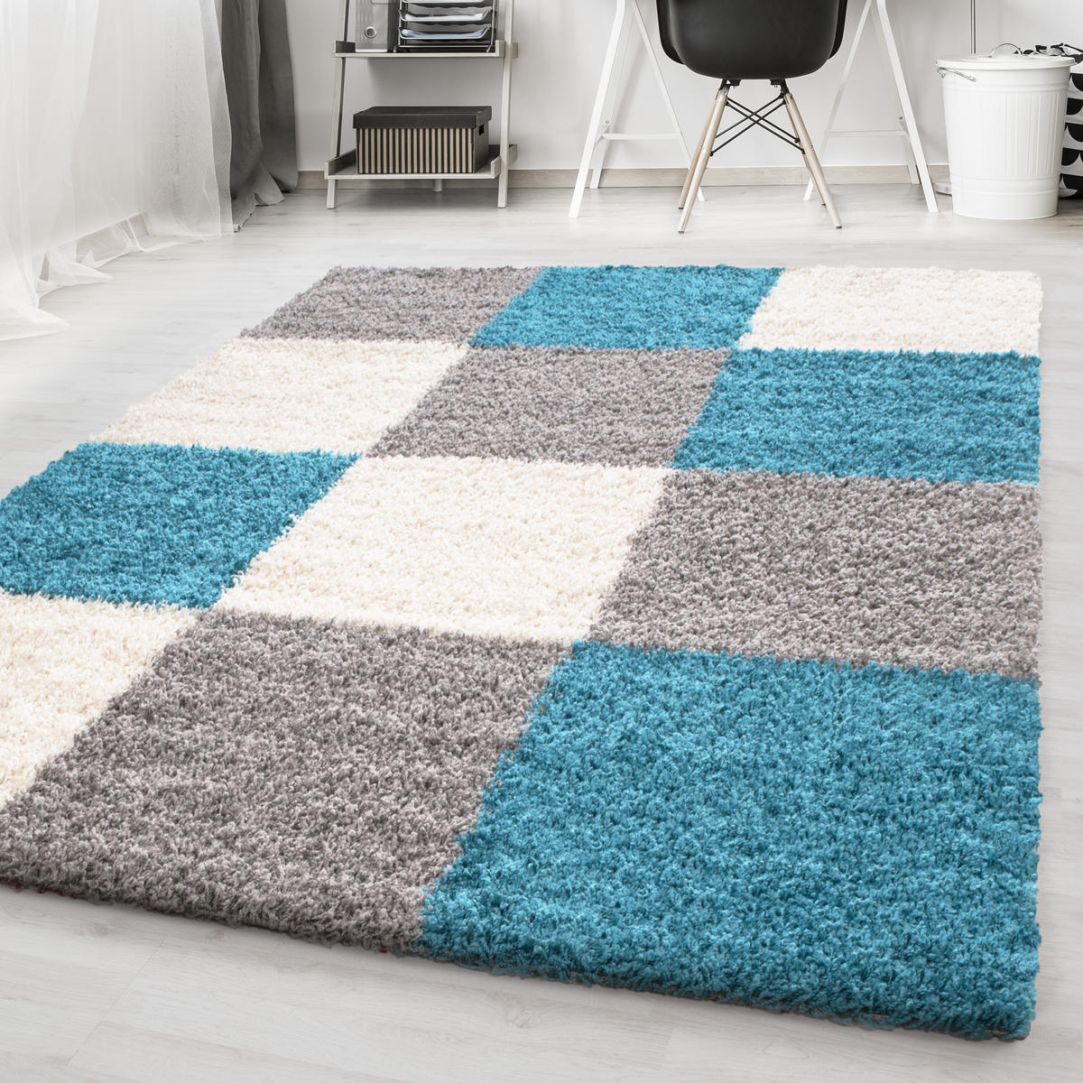 TEPPICH Hochflor Karo Polypropylen Wohnzimmer Shaggy Türkis Rechteckig 120x170 - Türkis, Textil (120/170cm) - KADIMA DESIGN