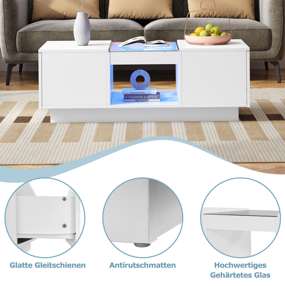 COUCHTISCH 100/50/35,5 cm mit LED-Beleuchtung, App-Steuerung, Glasplatte und 2 Schubladen, Weiß - Weiß, Holzwerkstoff (100/50/35.5cm) - Redom