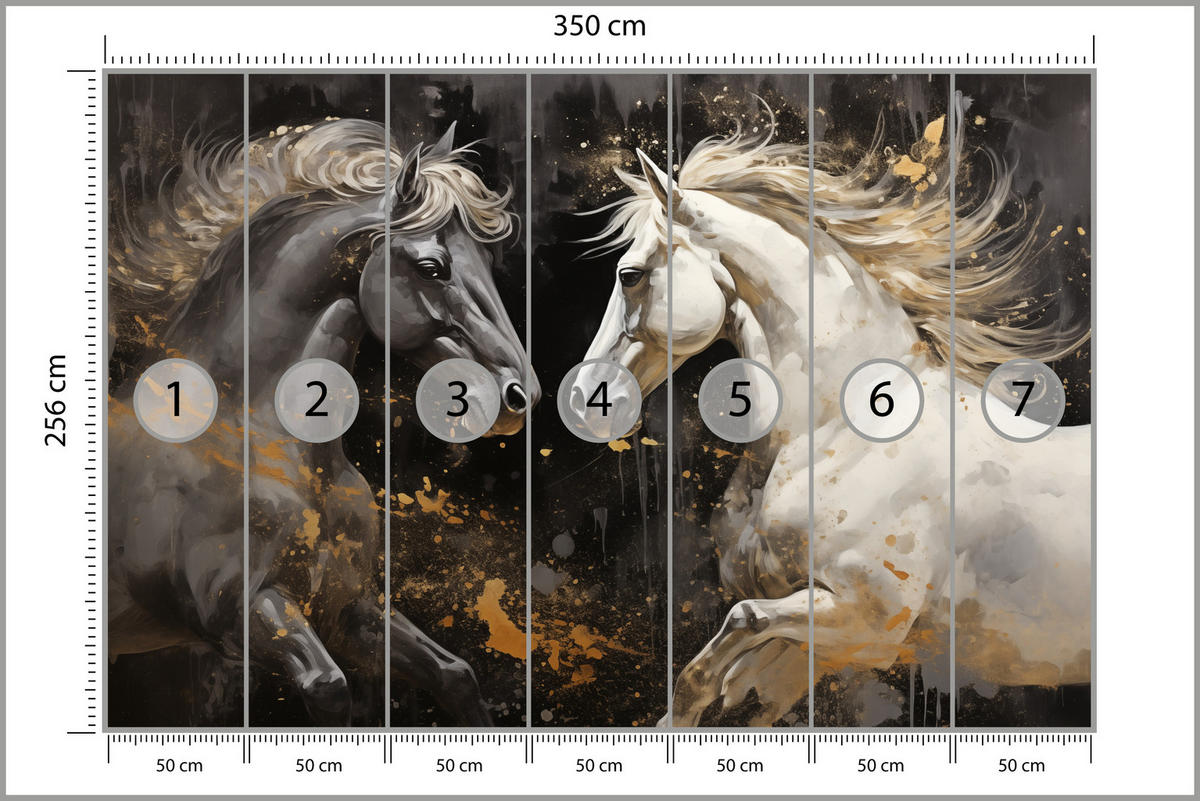 FOTOTAPETE für Büro Schwarz-Weiß Pferd Aquarell Goldakzente Eleganz 350x256 - Beige/Schwarz, Papier (350/256cm) - Muralo