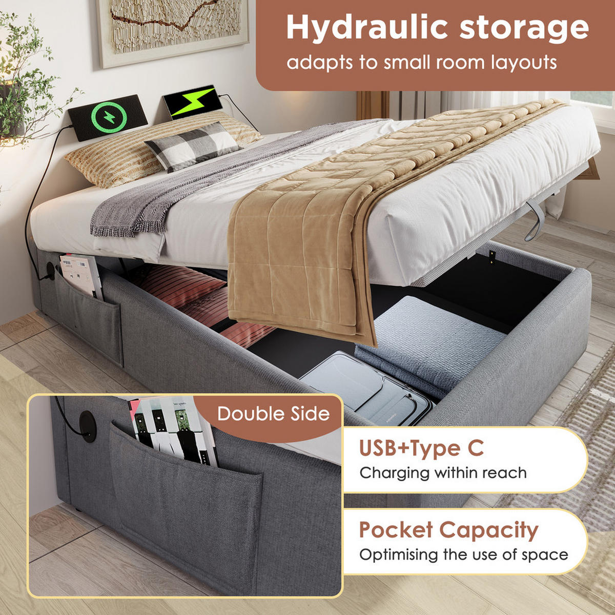 POLSTERBETT 160x200cm Doppelbett Stauraumbett mit USB-C & Lattenrost Grau - Grau, Holz - FLIEKS