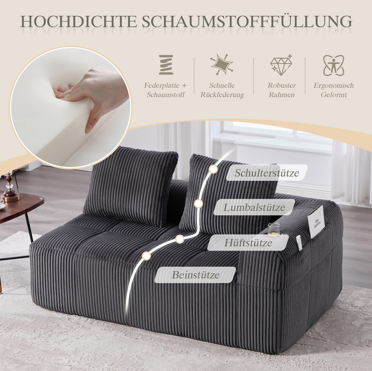 SOFA od samta s rebrastom strukturom, 158/93/61 cm tamnosiva, s bočnim džepovima i držačima - tamno siva, tekstil (90/60/160cm) - BEAOK