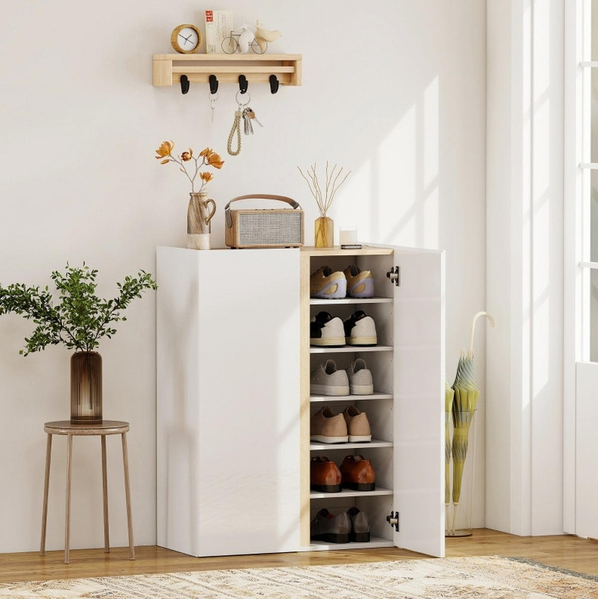 SCHUHSCHRANK 70/35/95 cm weiß aus Holz mit Soft-Close-Türen und verstellbaren Regalböden - Weiß, Holz (70/95/35cm) - OKWISH