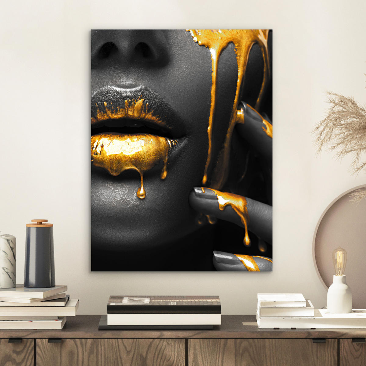 METALLBILD Frau - Schwarz - Gold - Gesicht - Lippen 30x40 cm - Goldfarben, Metall (30/40cm) - MuchoWow