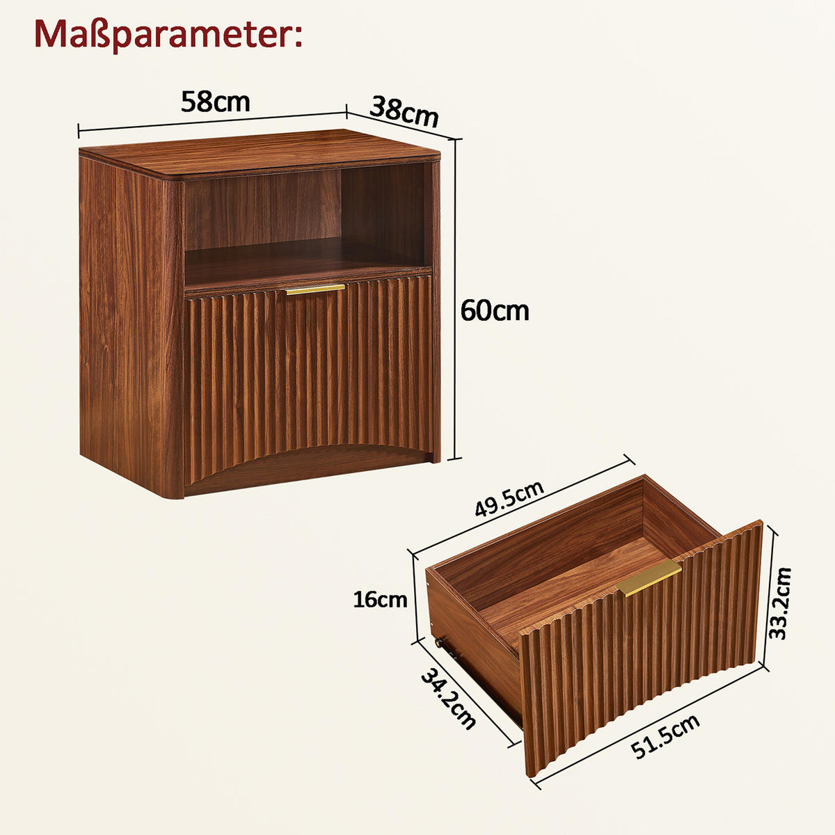 NACHTTISCH aus MDF und Spanplatte 38x58x60 cm Walnussfarben mit Schublade, offenem Fach und Rillendesign - Walnussfarben, Holzwerkstoff (58/60/38cm) - Modfu