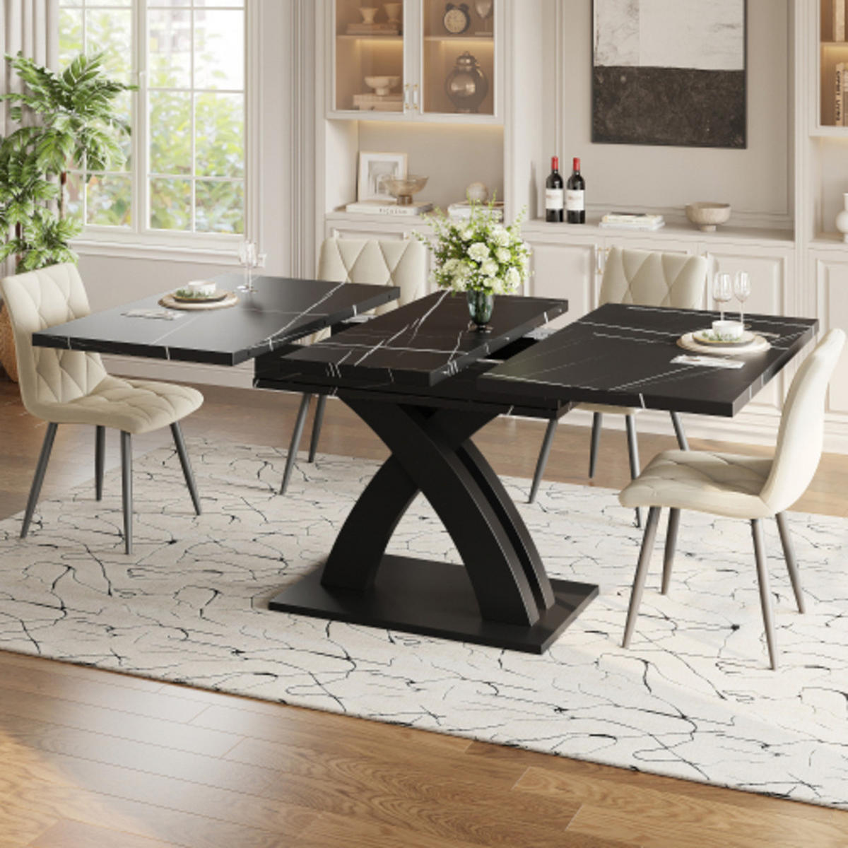 ESSTISCH 120-160×80×76 cm Ausziehbarer aus MDF und Metall mit X-förmigen Metallstreben, schwarz-weiße Musteroptik - Schwarz, Holzwerkstoff (160/80/76cm) - Luhomfu