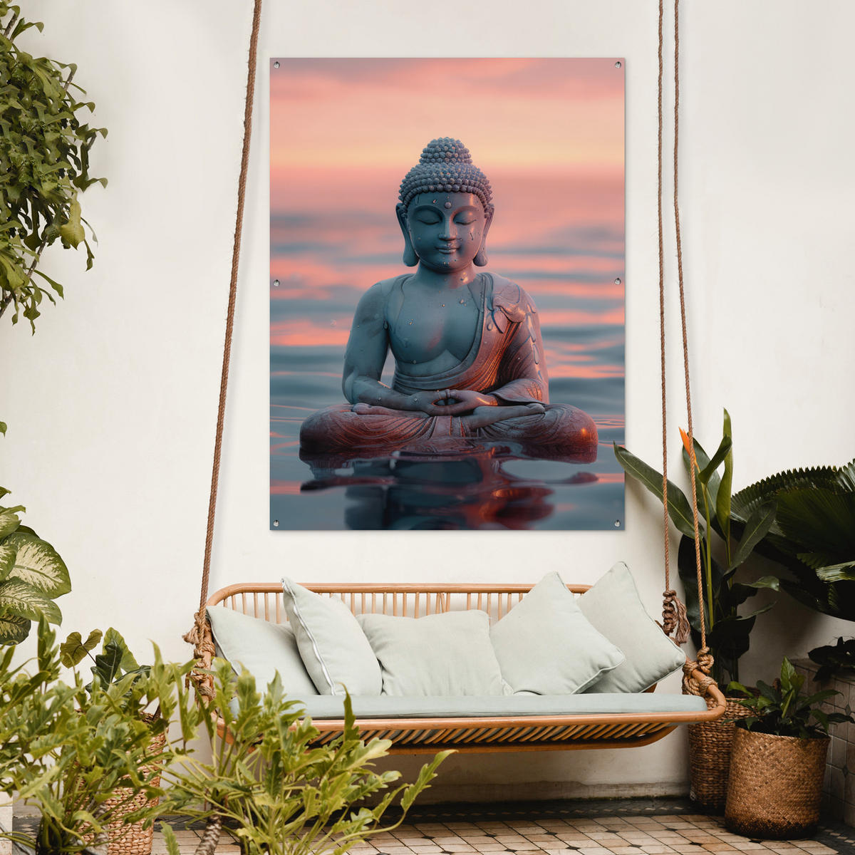 ZAHRADNÍ PLAKÁT Buddha - Socha - Buddha - Voda - Umění - Buddha 120x160 cm - šedohnědá, plast (120/160/0.2cm) - OnlyWow