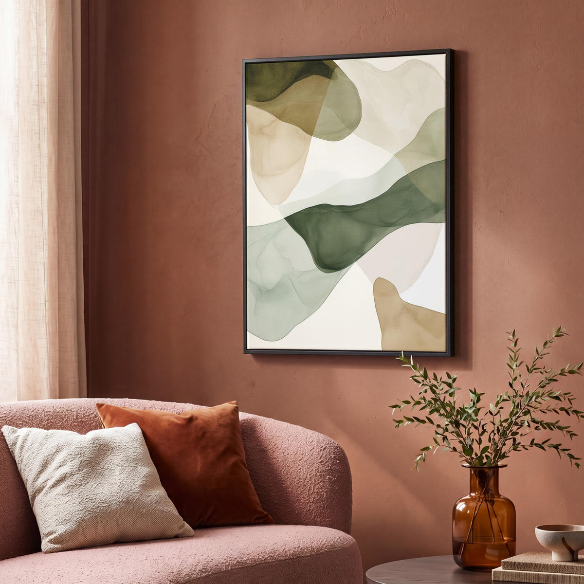LEINWAND Bilder mit Rahmen - Japandi - Abstrakt - Grün - 70x100 - Salbeigrün, Textil (70/100cm) - MuchoWow