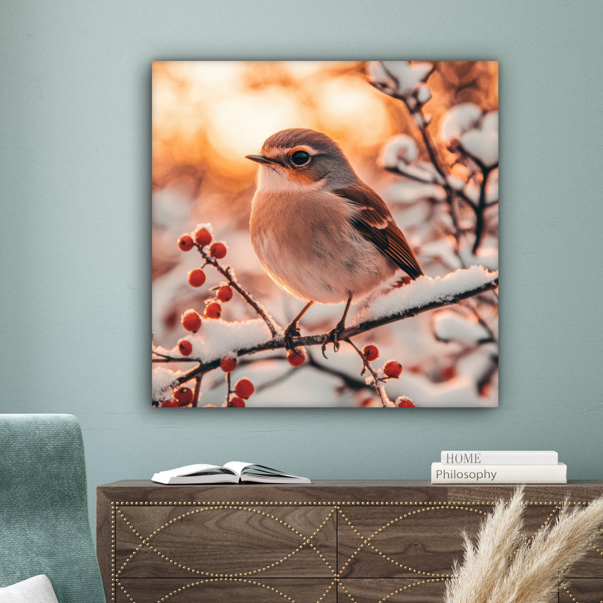 LEINWANDBILD Vogel - Zweig - Winter - Tiere - Schnee 90x90 cm - Bernsteinfarben, Textil (90/90cm) - MuchoWow