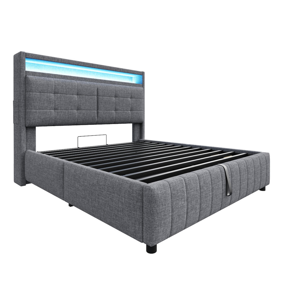 ČALÚNENÁ posteľ 160/200 cm sivá, látka s LED osvetlením, USB a hydraulickým úložným priestorom - sivá, textil (160/200cm) - BEAOK