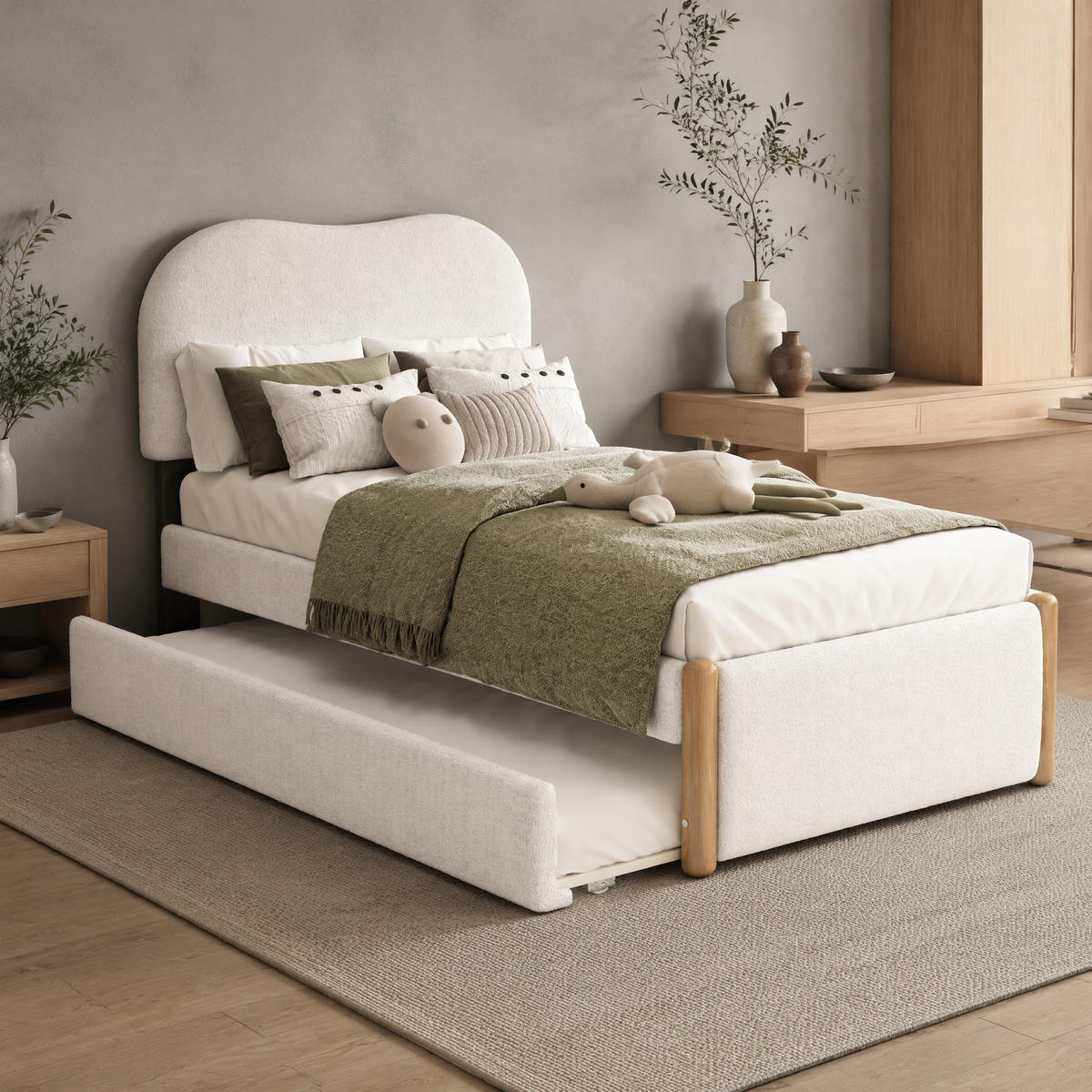 POLSTERBETT 90/200 mit ausziehbarem Rollbett und gepolsterter Ausführung aus Vliesimitat in Weiß - Weiß, Holzwerkstoff/Textil (90/200cm) - EVRYAE