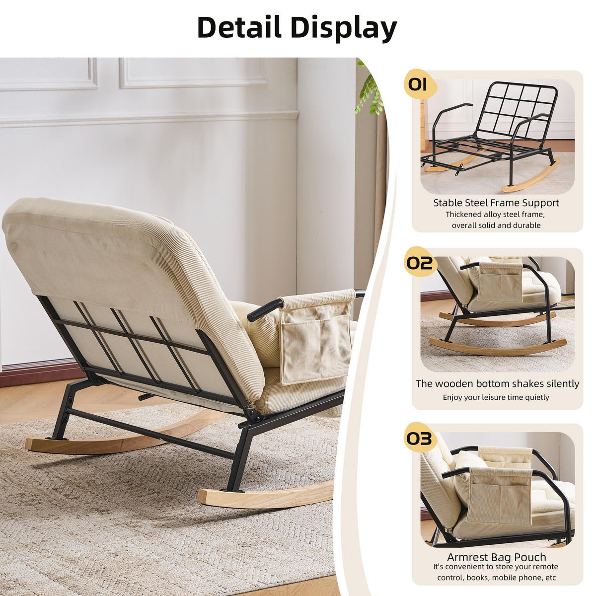 SCHAUKELSTUHL,ÜBERGROSS mit Fußstütze verstellbare Lehne Metallholz Cord,beige - Beige, Textil (87/89/88cm) - Vallsero