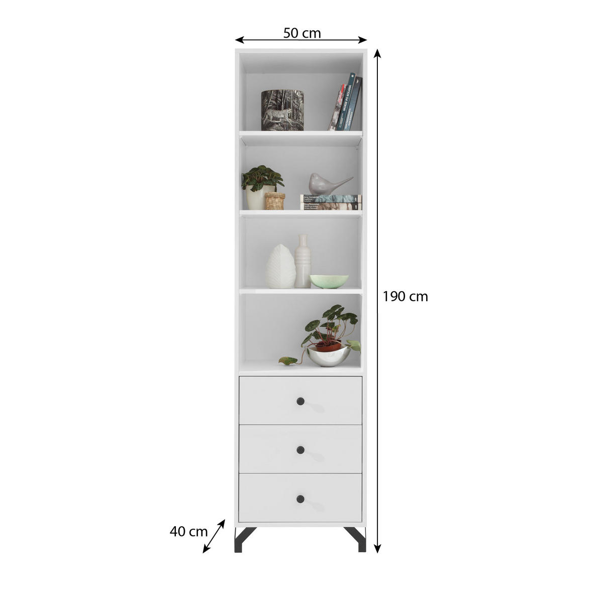 BÜCHERREGAL Bergo mit 1 Tür und 3 Schubladen - Schwarz/Weiß, Holzwerkstoff/Metall (50/190/40cm) - Beautysofa