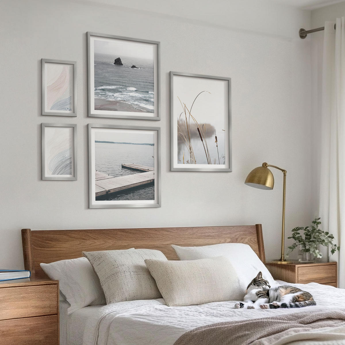 WANDBILDER 5er Set - 50x50 cm & 20x30 cm & 40x60 cm Silberner Rahmen - Abstrakte Pastellwellen - Silberfarben, Kunststoff (40/60cm) - ArtPrintCave