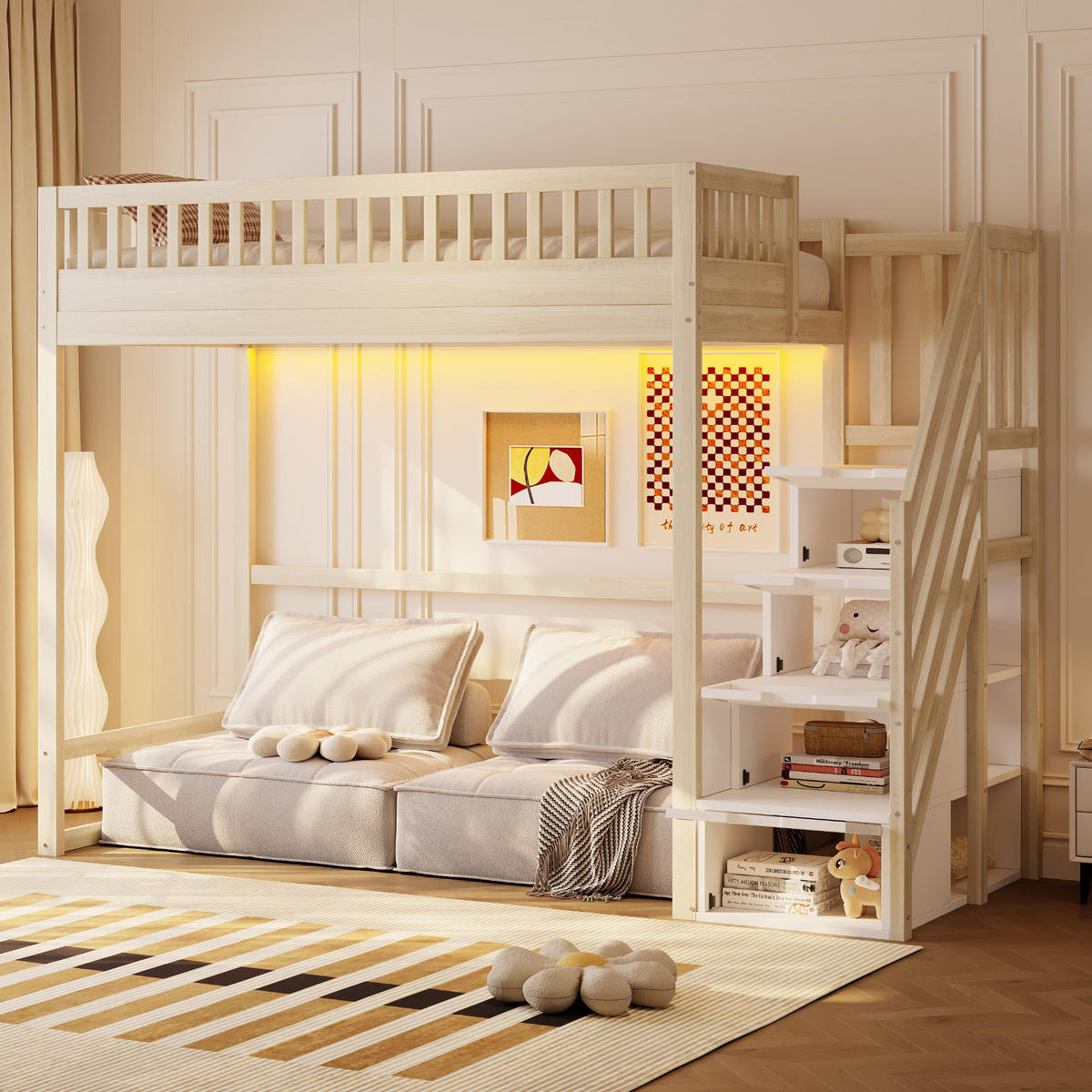 HOCHBETT 90/200 cm in Natur mit Stauraumtreppe und LED Holz Kinderbett - Naturfarben, Holzwerkstoff (90/200cm) - STILVORA