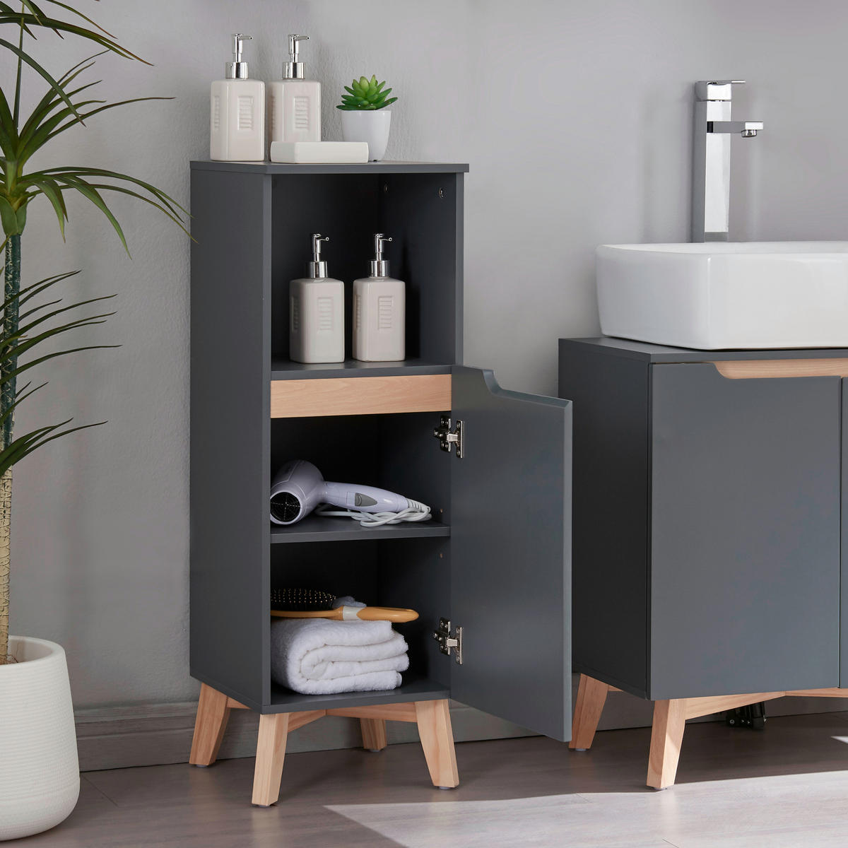 BADEZIMMERSCHRANK Overath - Dunkelgrau/Naturfarben, Holz/Holzwerkstoff (30/86/30cm) - [en.casa]