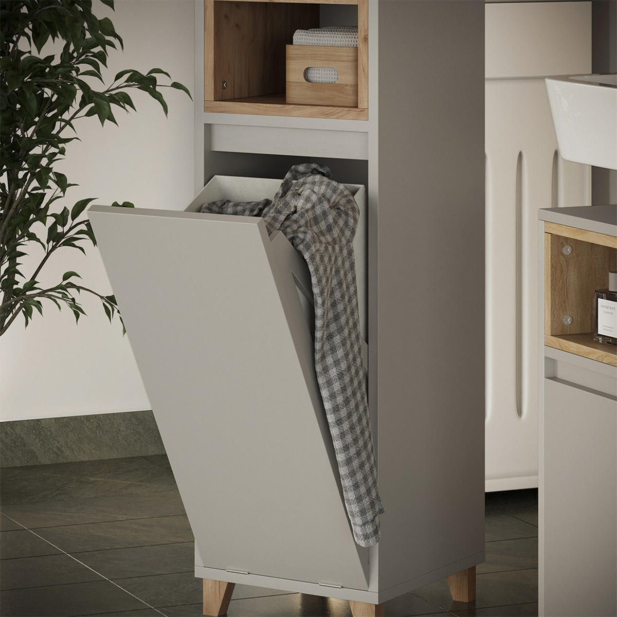 MIDISCHRANK Elnor Greige/Eiche 30 x 105.2 cm mit ausklappbarem Wäschebehälter - Greige/Eichefarben, Holzwerkstoff (30/105.2/30cm) - Vicco