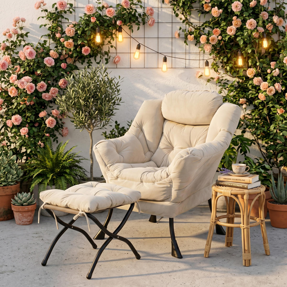 SESSEL mit Hocker und Seitentasche, DE-42303, Beige - Beige, Metall (80/93/72cm) - ComfortXL