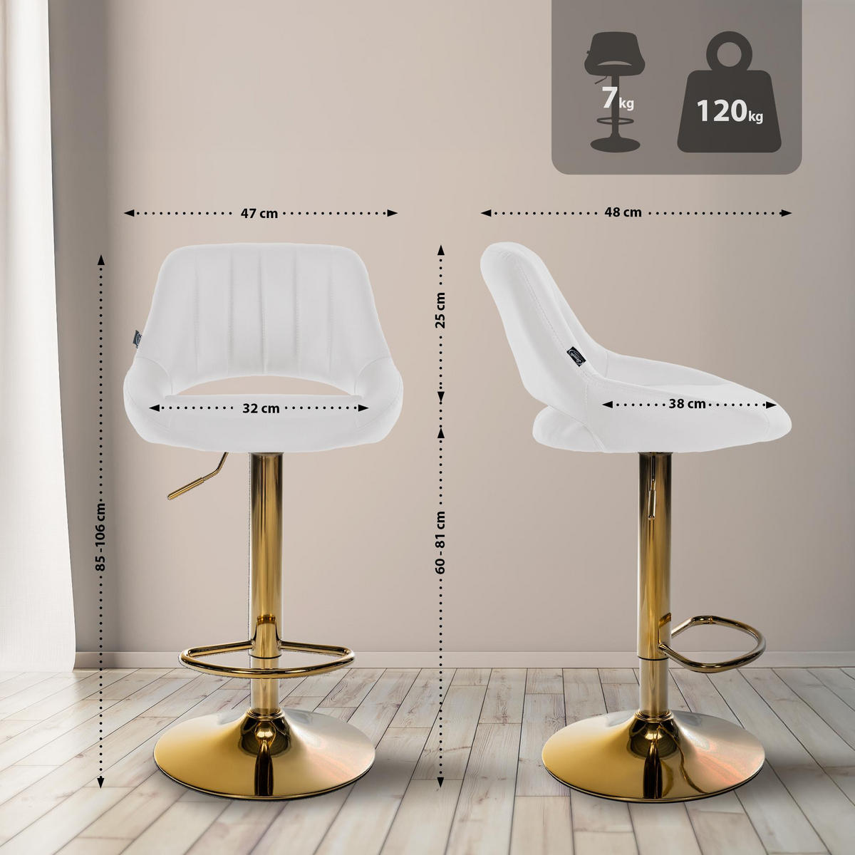 BARHOCKER Lederlook Weiß - Goldfarben/Weiß, Textil/Metall (47/85/48cm) - CLP