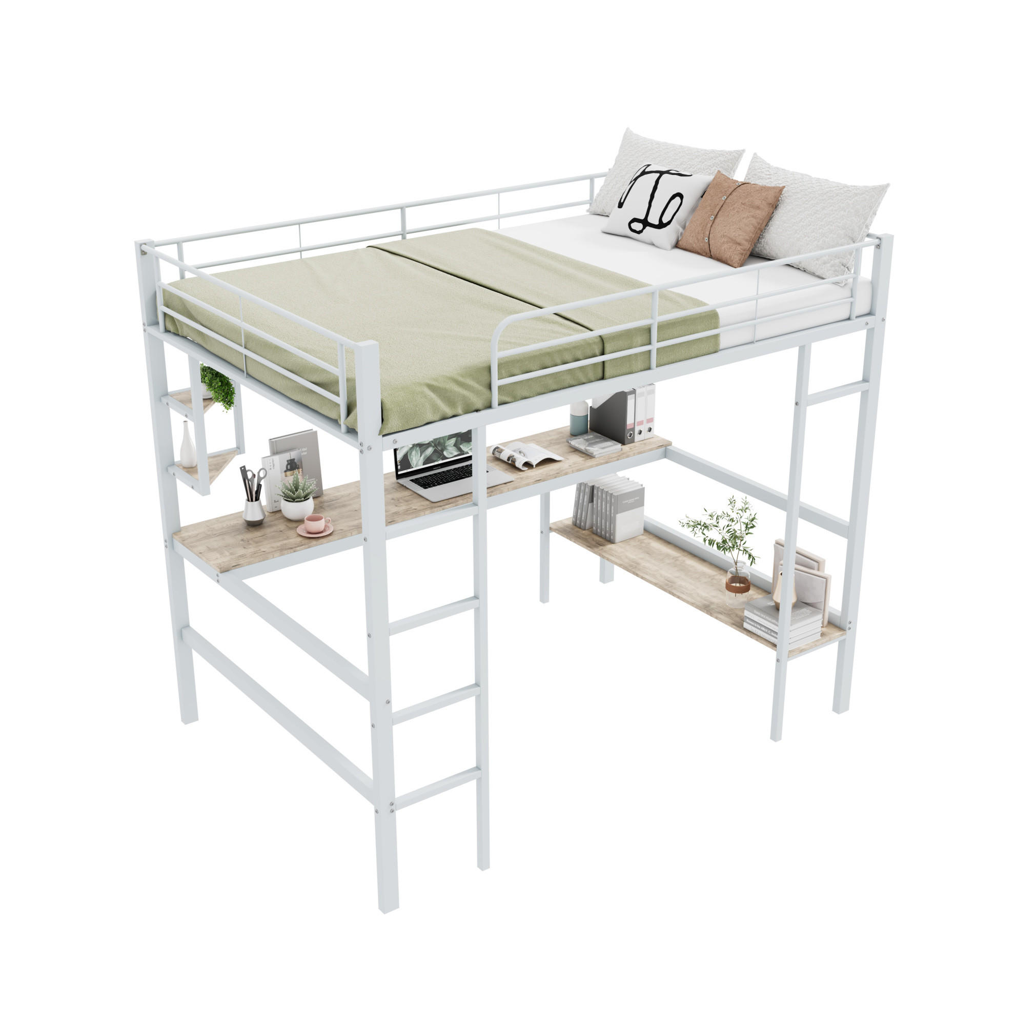 HOCHBETT mit Schreibtisch 140/200 cm in Weiß – mit Regalen und Rausfallschutz - Weiß, Metall (140/200cm) - BEAOK