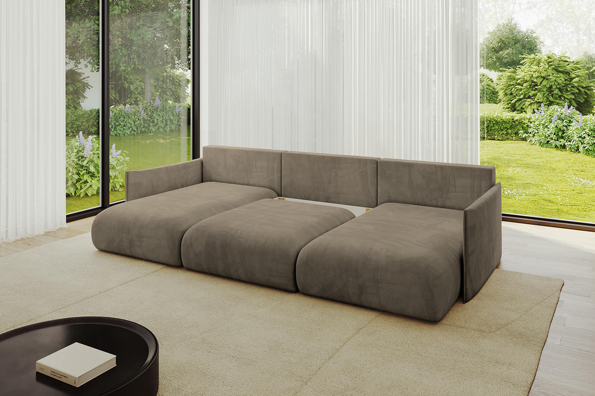 WOHNLANDSCHAFT mit Schlaffunktion und Bettkasten ONESK-U 317x177x72 Braun Velours - Braun, Holzwerkstoff/Kunststoff (317/72/177cm) - ALTDECOR
