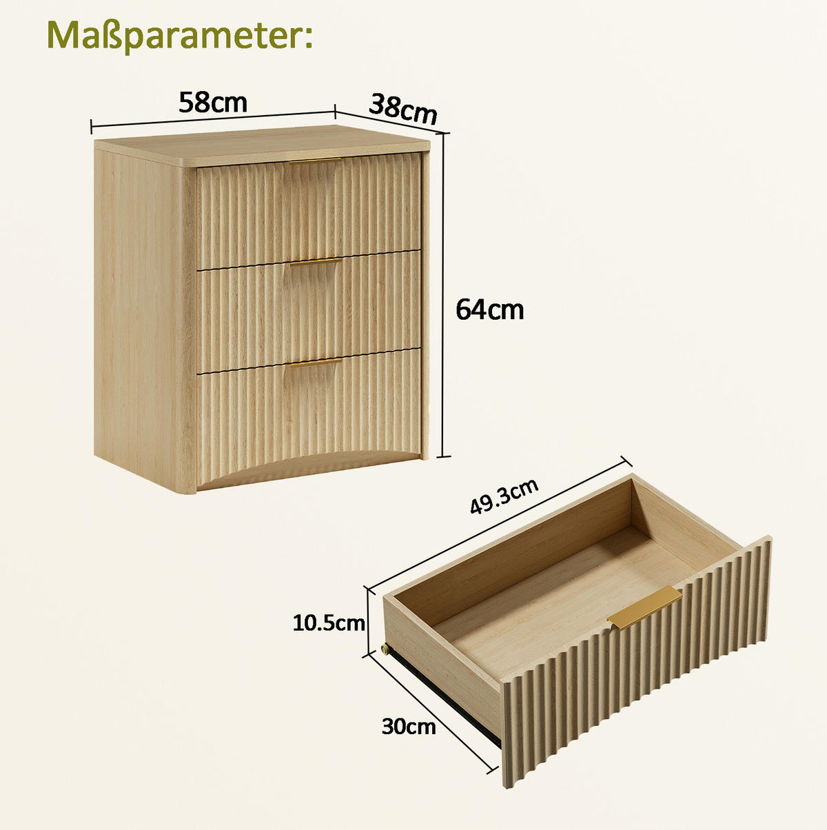 NACHTTISCH aus MDF 38x58x64 cm Eiche mit 3 Schubladen, Rillenfront und gedämpften Metallschienen - Nussbaumfarben, Holzwerkstoff (58/64/38cm) - Modfu