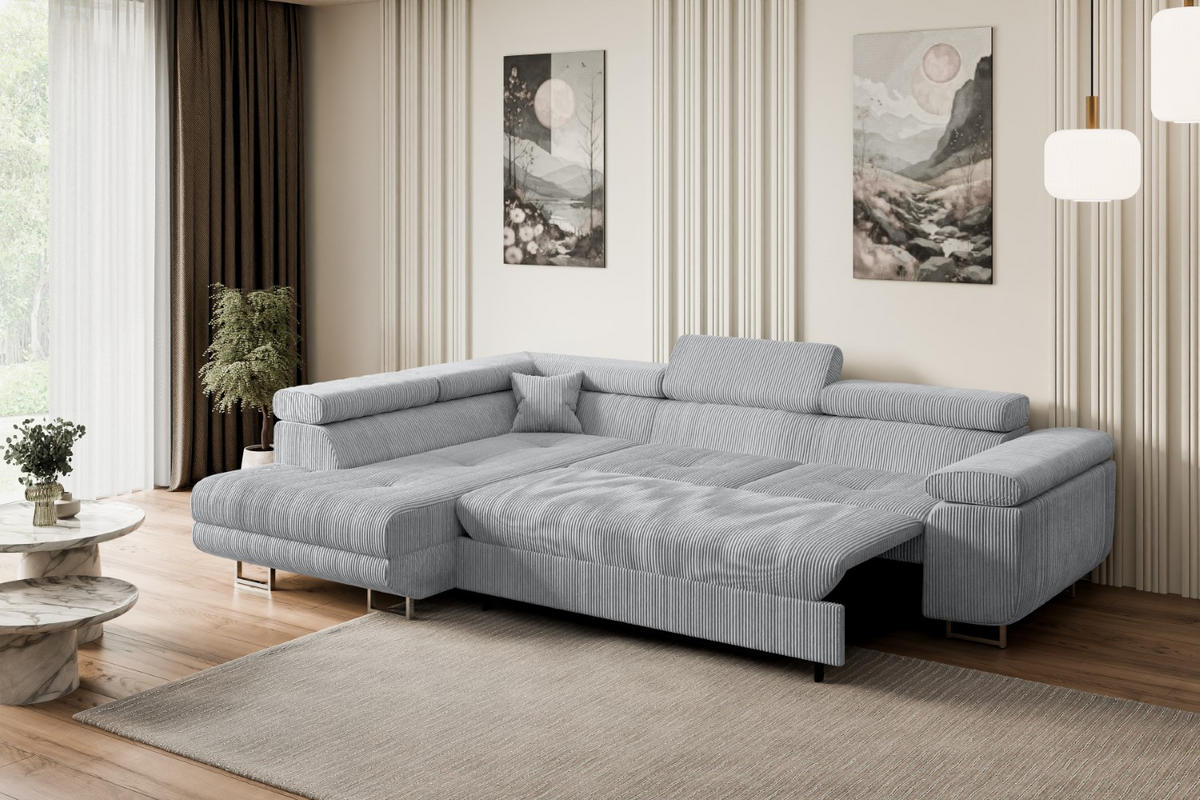 ECKSOFA mit Schlaffunktion und Bettkasten GUSA-L 272x202x107 cm Grau Cord - Silberfarben/Grau, Holzwerkstoff/Textil (202/272cm) - ALTDECOR