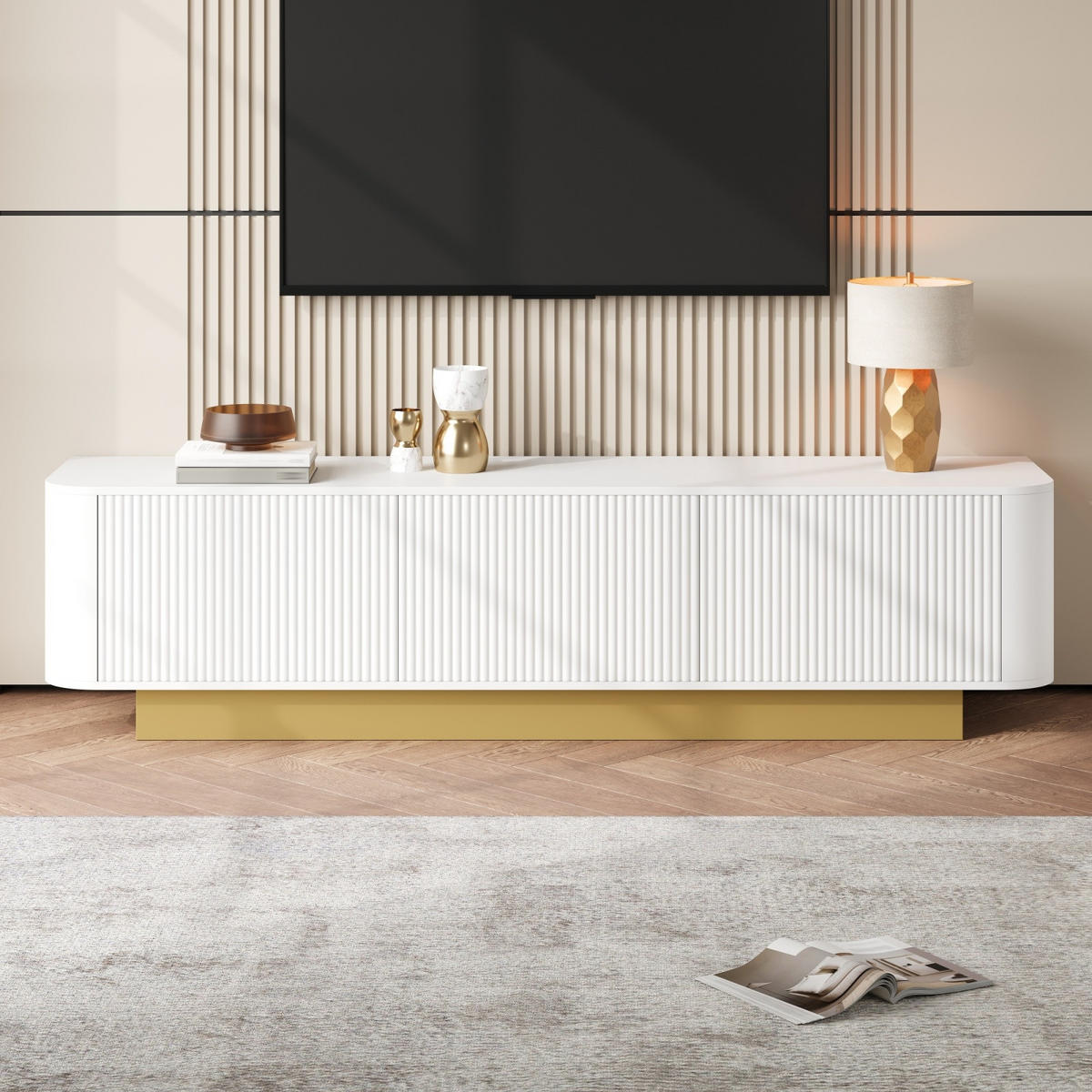 TV-LOWBOARD 170 cm aus MDF, Holzoptik, 3 Türen, Stauraum, abgerundet, Kabelmanagement, Weiß - Weiß, Holzwerkstoff (170/47/40cm)