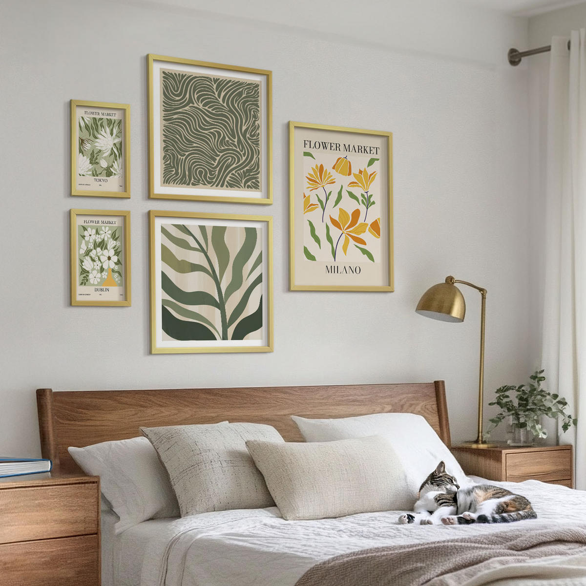 WANDBILDER 5er Set - 50x50 cm & 20x30 cm & 40x60 cm Goldrahmen - Pflanzenmuster, Boho-Dekorationen - Goldfarben, Kunststoff (40/60cm) - ArtPrintCave