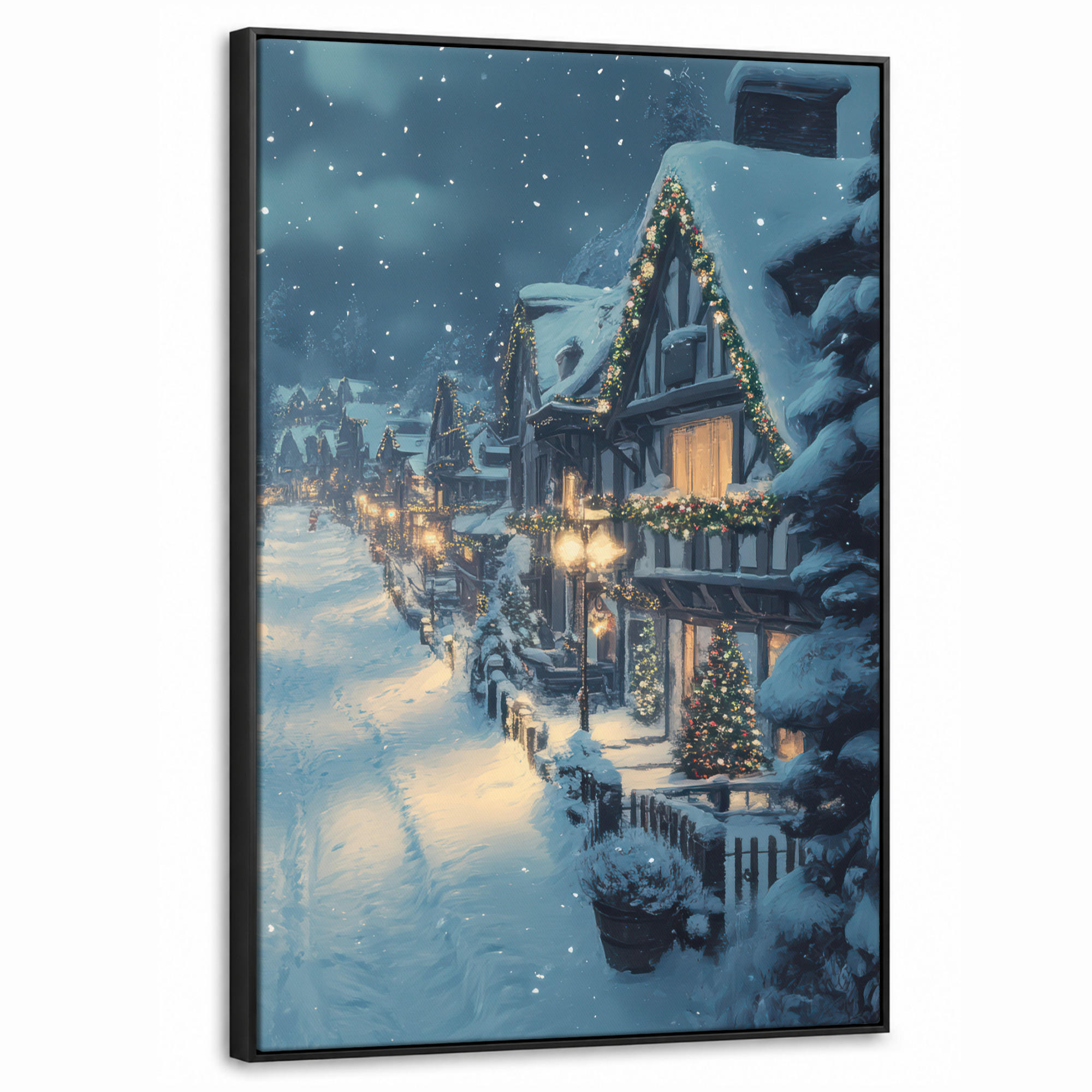 LEINWAND Bilder mit Rahmen - Weihnachtsdorf - Weihnachten - Schnee - Winter - 60x90 - Dunkelblau, Textil (60/90cm) - MuchoWow