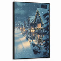 LEINWAND Bilder mit Rahmen - Weihnachtsdorf - Weihnachten - Schnee - Winter - 60x90 - Dunkelblau, Textil (60/90cm) - MuchoWow